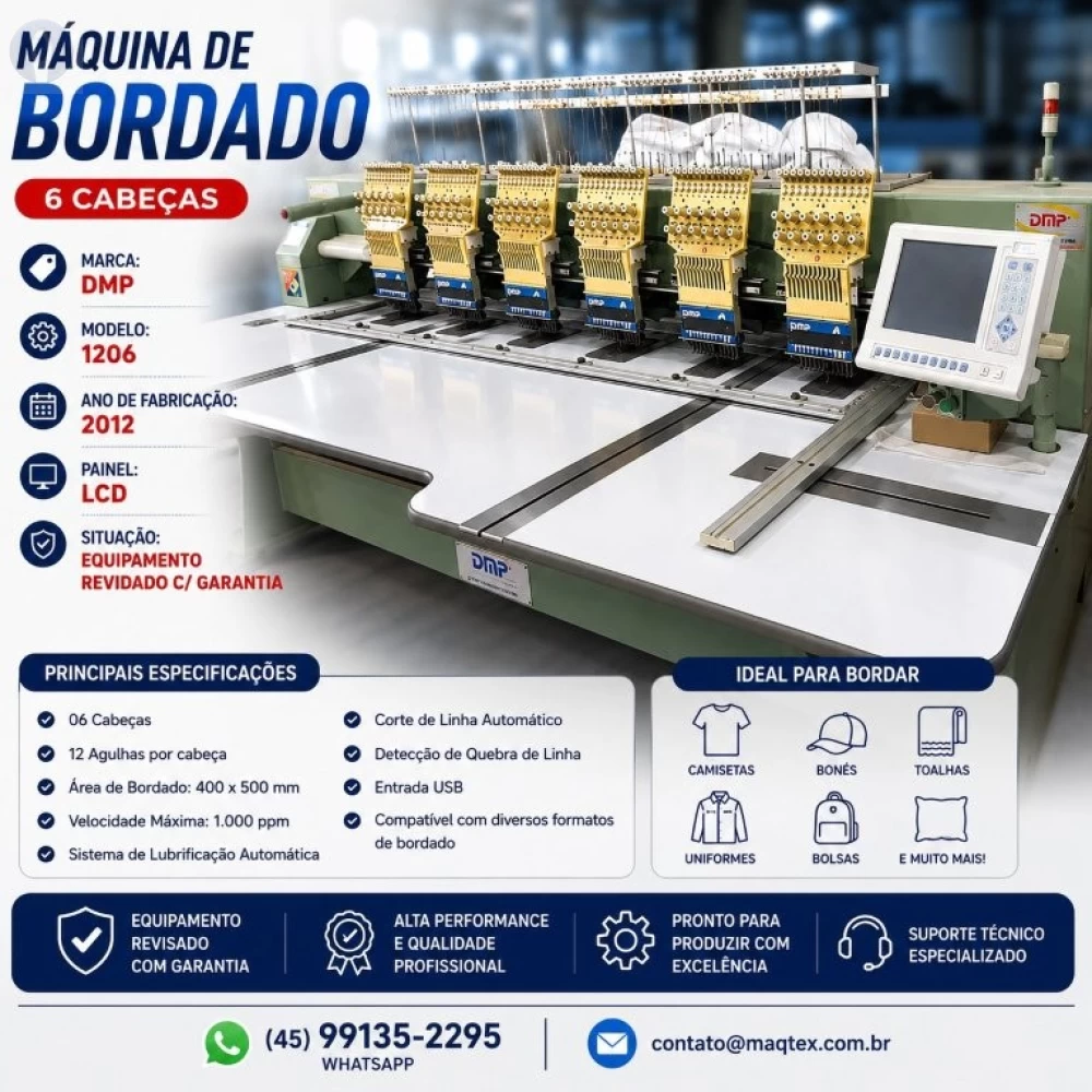 Maquina de Bordado Industrial Cilíndrica 06 Cabeças 12Ag DMP-1206 Revisada