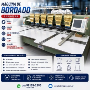 Maquina de Bordado Industrial Cilíndrica 06 Cabeças 12Ag DMP-1206 Revisada