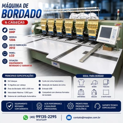 Maquina de Bordado Industrial Cilíndrica 06 Cabeças 12Ag DMP-1206 Revisada