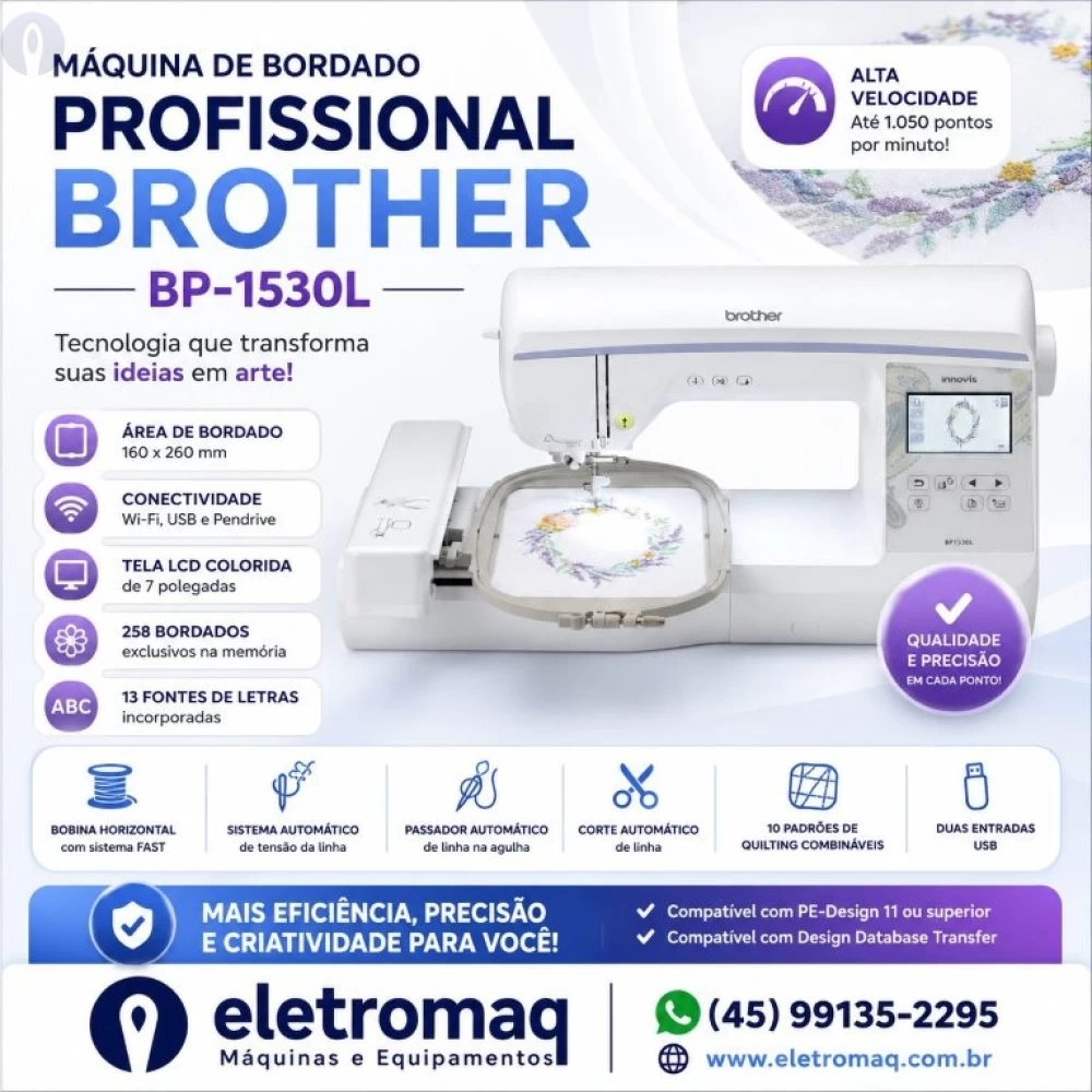 Maquina de Bordado Profissional Brother BP1530L Completa + Coleção Bordados
