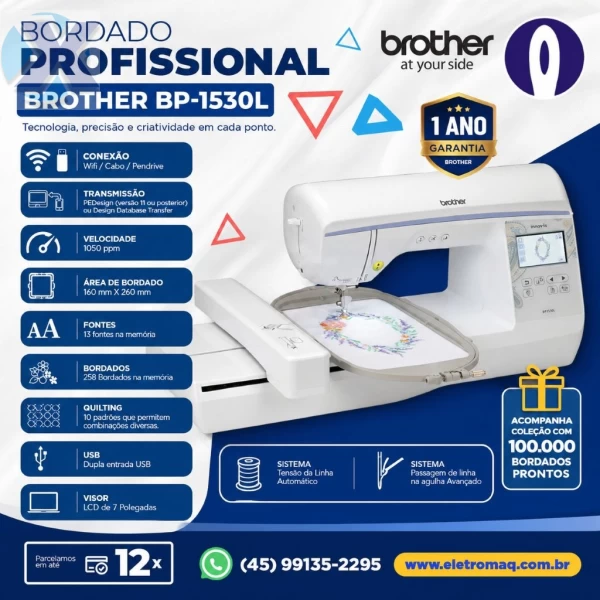 Maquina de Bordado Profissional Brother BP1530L Completa + Coleção Bordados
