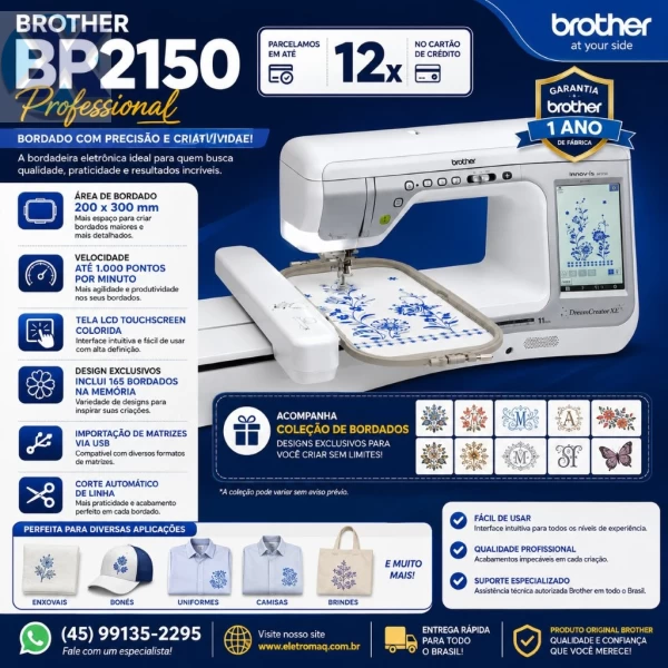 Maquina de Bordado Profissional Brother BP2150 Completa + Coleção de Bordado