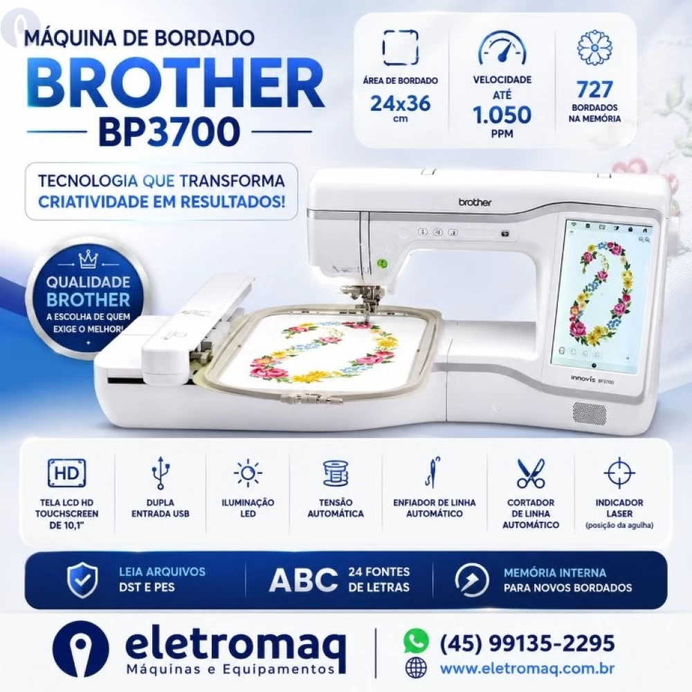 Maquina de Bordado Profissional Brother BP3700 Completa + Coleção Bordado