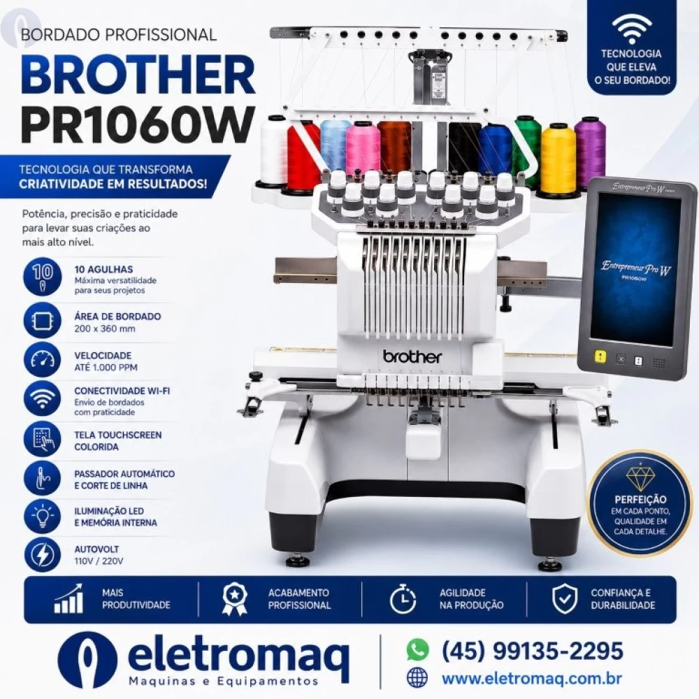 Maquina de Bordado Profissional Brother 10 Agulhas PR1060W + Coleção de Bordados