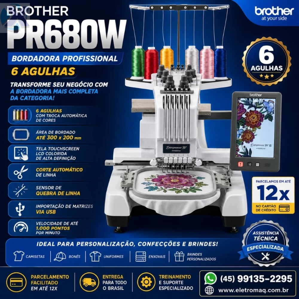Maquina de Bordado Profissional Brother 06 Agulhas PR680W + Kit Boné