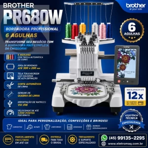Maquina de Bordado Profissional Brother 06 Agulhas PR680W + Coleção de Bordados