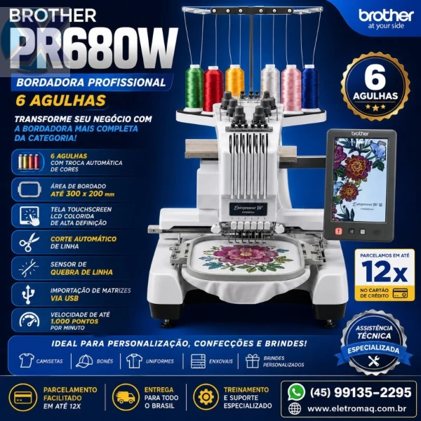 Maquina de Bordado Profissional Brother 06 Agulhas PR680W + Coleção de Bordados