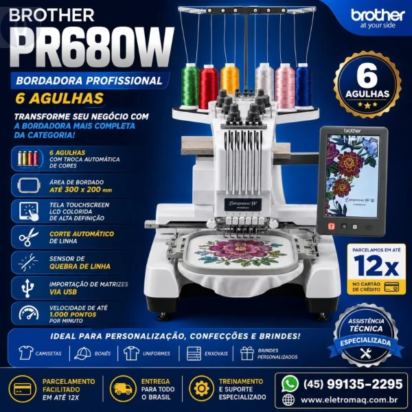 Maquina de Bordado Profissional Brother 06 Agulhas PR680W + Coleção de Bordados