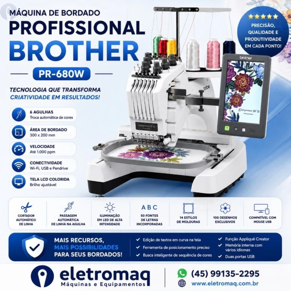 Maquina de Bordado Profissional Brother 06 Agulhas PR680W + Coleção de Bordados