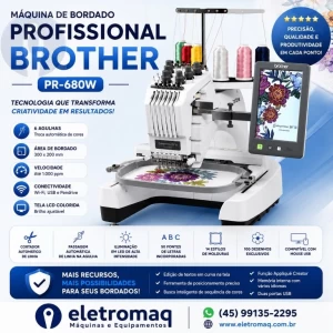 Maquina de Bordado Profissional Brother 06 Agulhas PR680W + Coleção de Bordados