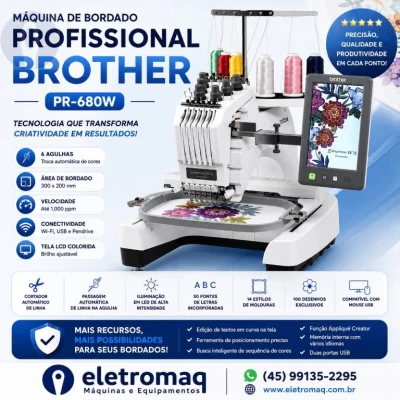 Maquina de Bordado Profissional Brother 06 Agulhas PR680W + Coleção de Bordados