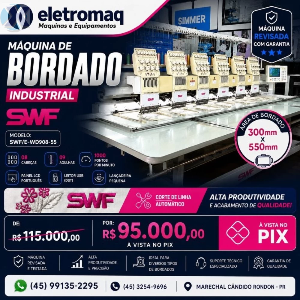 Maquina de Bordado Industrial 08 Cabeças 09 Agulhas SWF + Coleção de Bordados