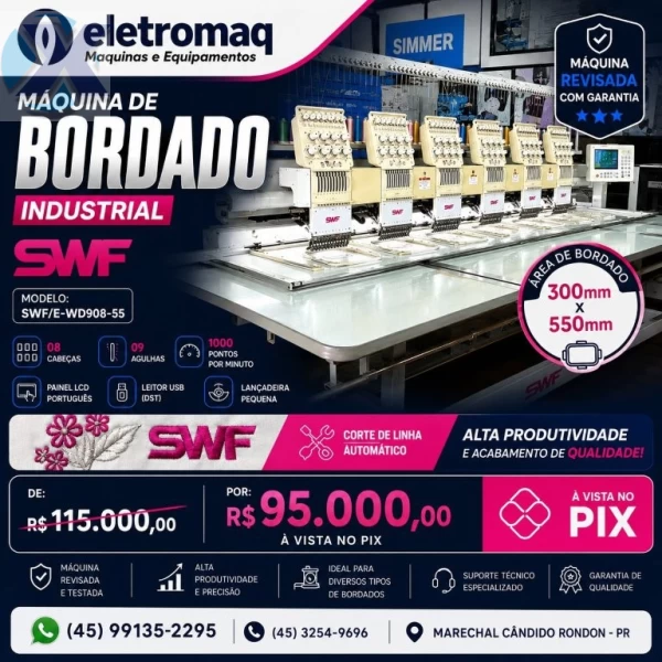 Maquina de Bordado Industrial 08 Cabeças 09 Agulhas SWF + Coleção de Bordados
