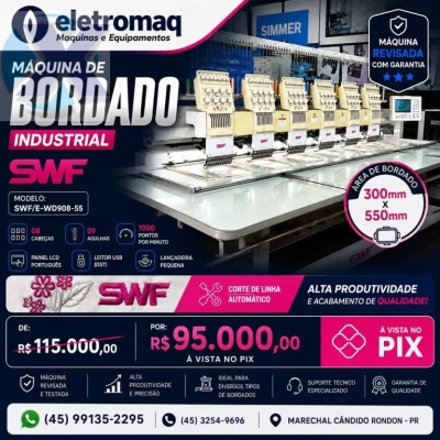 Maquina de Bordado Industrial 08 Cabeças 09 Agulhas SWF + Coleção de Bordados