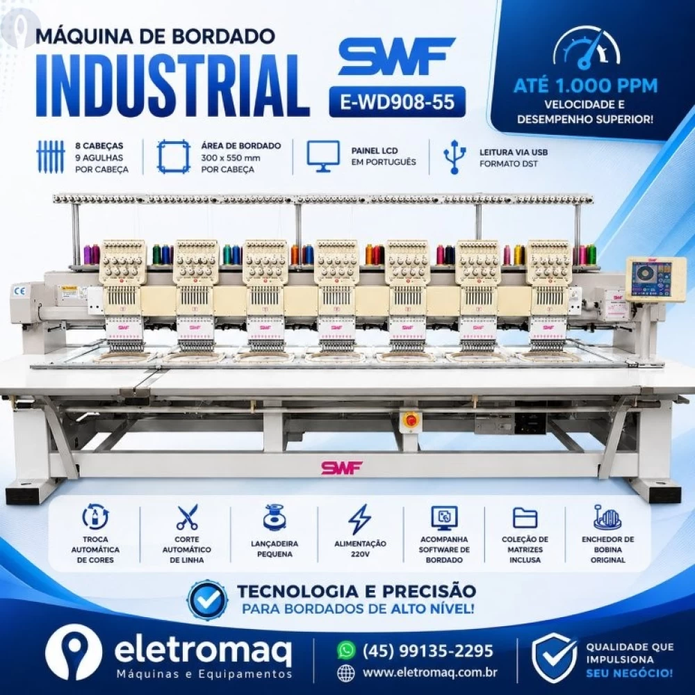 Maquina de Bordado Industrial 08 Cabeças 09 Agulhas SWF + Coleção de Bordados