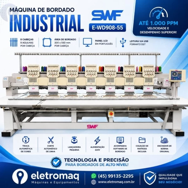 Maquina de Bordado Industrial 08 Cabeças 09 Agulhas SWF + Coleção de Bordados