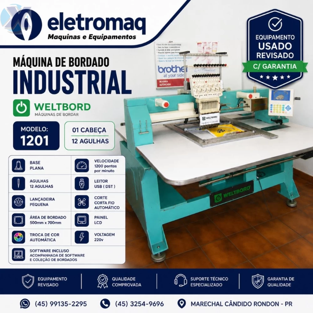 Maquina de Bordado Industrial 12 Agulhas Área 700 x 500m + Coleção de Bordados