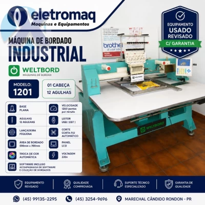 Maquina de Bordado Industrial 12 Agulhas Área 700 x 500m + Coleção de Bordados