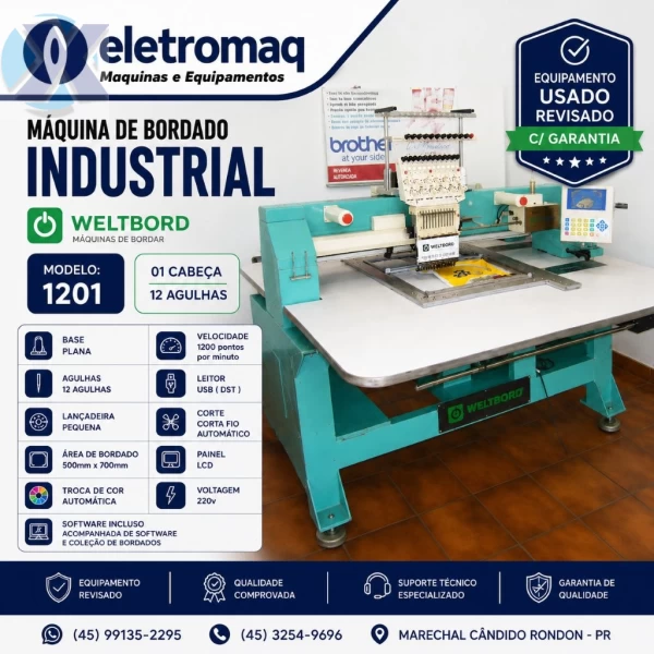 Maquina de Bordado Industrial 12 Agulhas Área 700 x 500m + Coleção de Bordados