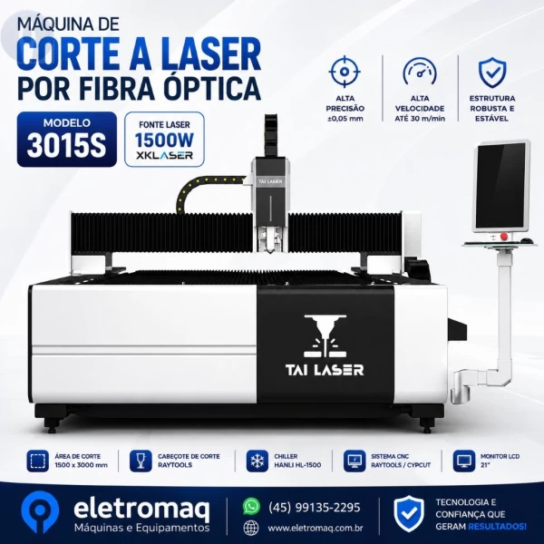 Máquina de Corte a Laser Fibra Óptica 3015S XKLaser 1500W | Área 1500x3000 mm | Eletromaq