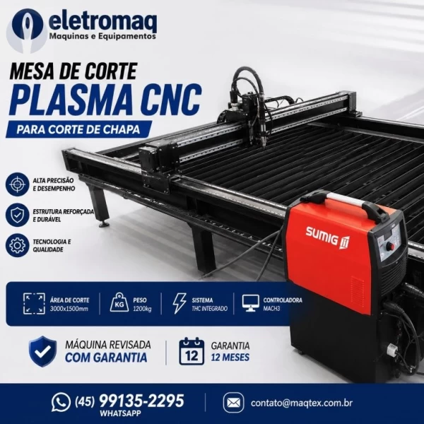 Mesa de Corte Industrial Tipo CNC Para Fonte Plasma Área de 3000x1500mm