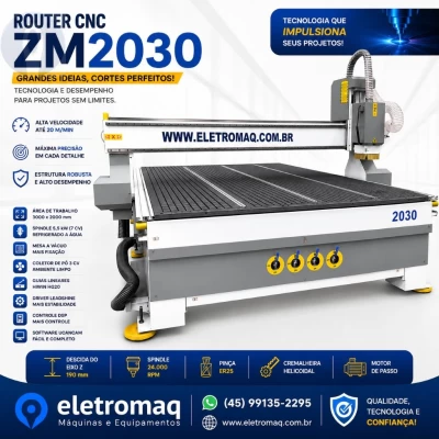Router CNC Área de 3000x2000 mm | Spindle 5,5kW | Mesa a Vácuo | Modelo ZM2030 