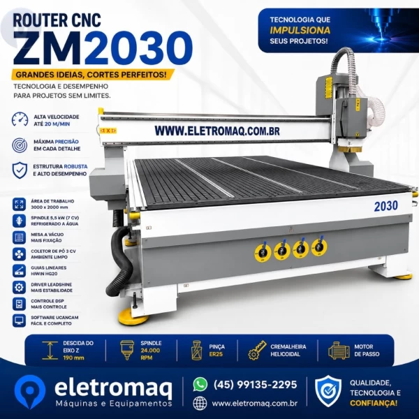 Router CNC Área de 3000x2000 mm | Spindle 5,5kW | Mesa a Vácuo | Modelo ZM2030 