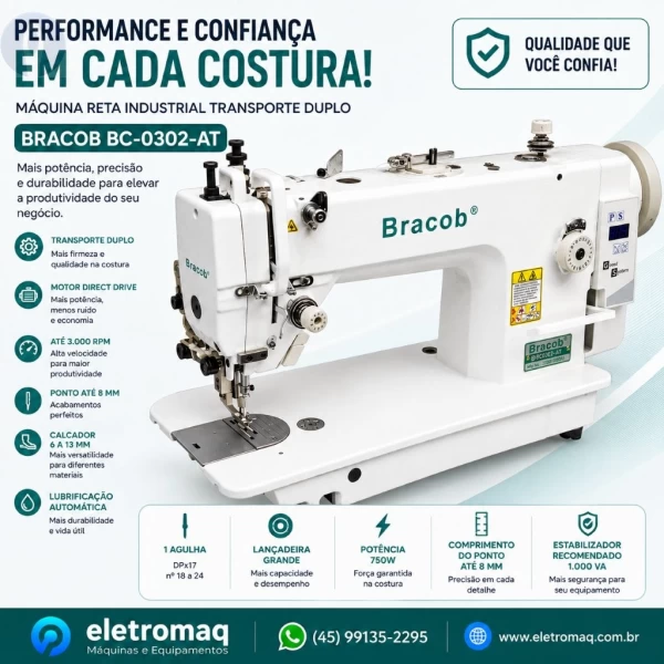 Maquina Costura Reta Transporte Duplo Direct Driver 01ag Bracob BC-0302-AT