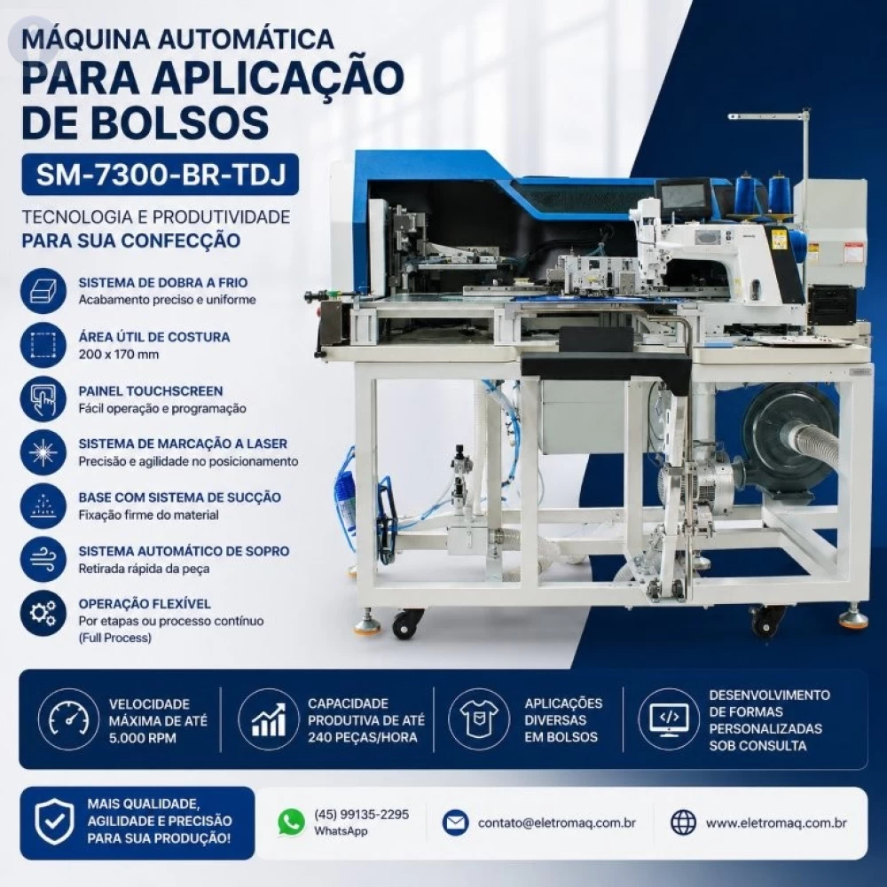 Maquina Automática Para Pregar Bolso c/ Sistema de Dobra a Frio  SM-7300-BR-TDJ