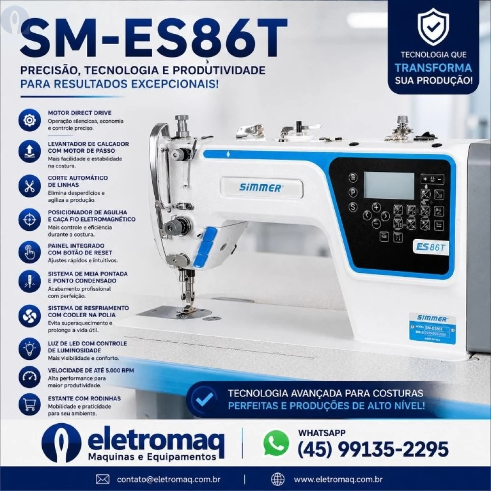 Maquina Costura Reta Eletrônica Motor Direct Driver Simmer SM-ES86T