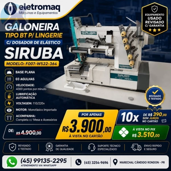 Maquina Galoneira Industrial Siruba BT p/ Pregar Elástico Revisada
