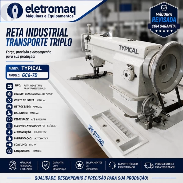 Maquina Costura Reta Transporte Triplo Mecânica Typical GC-6-7D Revisada 