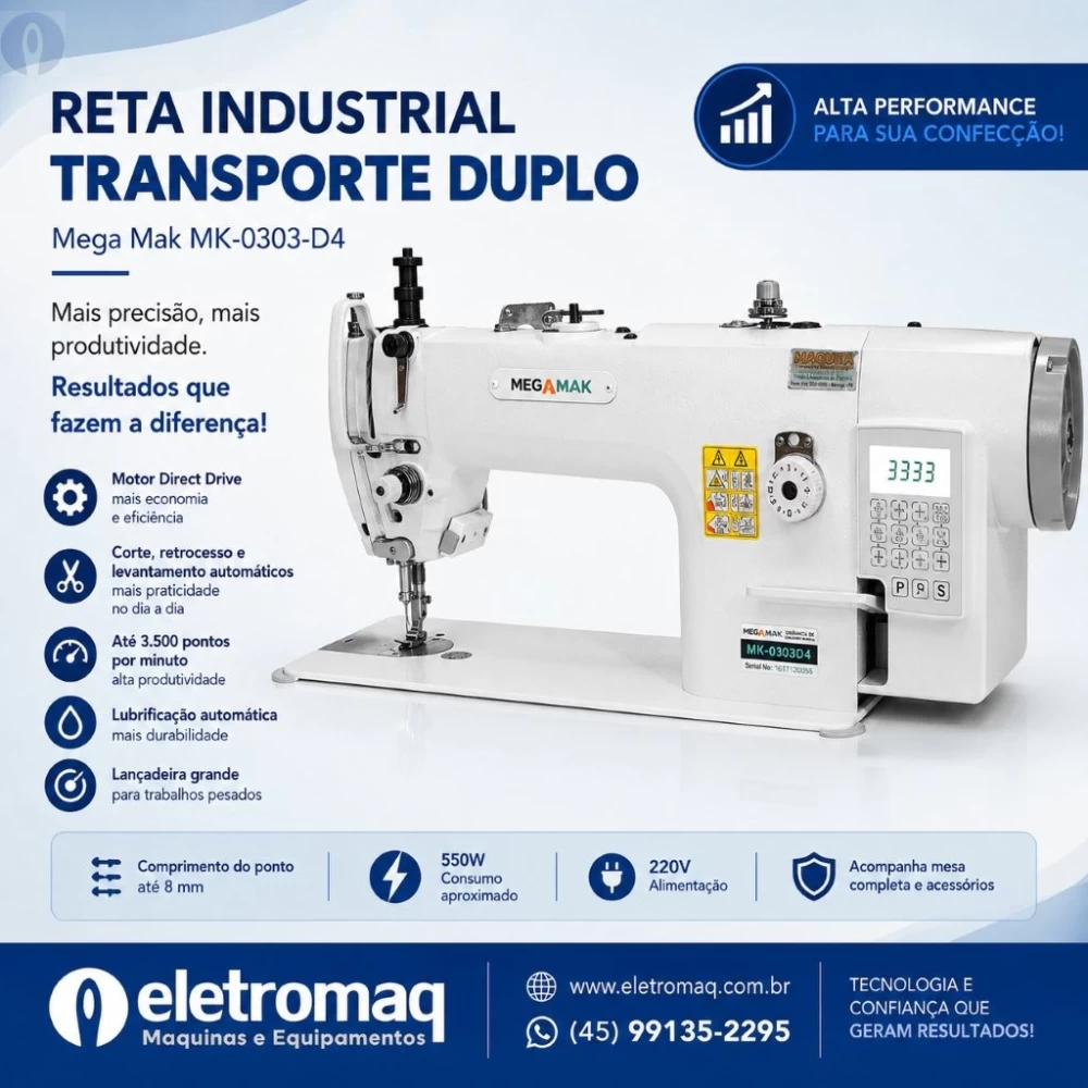 Maquina Costura Reta Transporte Duplo Eletrônica MegaMak MK-0303-D4 Revisada 