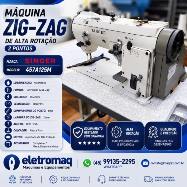 Maquina ZigZag 2 Pontos Industrial de Alta Rotação Singer Completa e Revisada
